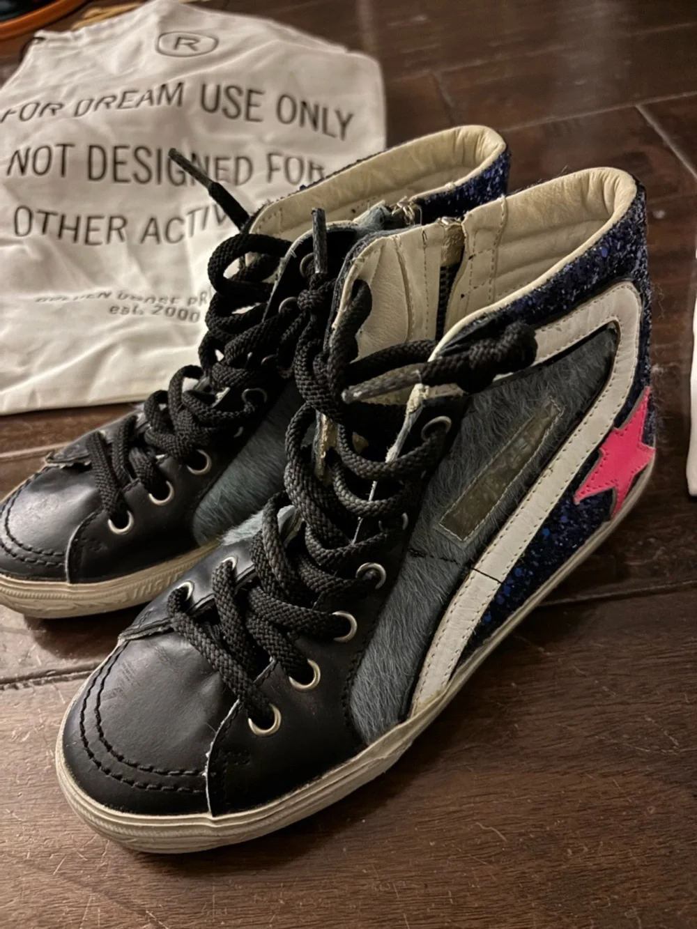 Golden Goose blue pony hair w pink star and glitter leather slides Sneakers 35 - Picture 2 of 5